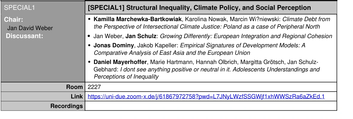 Excerpt from the EAEPE 2026 programme showing the Structural Inequality, Climate Policy, and Social Perception special session